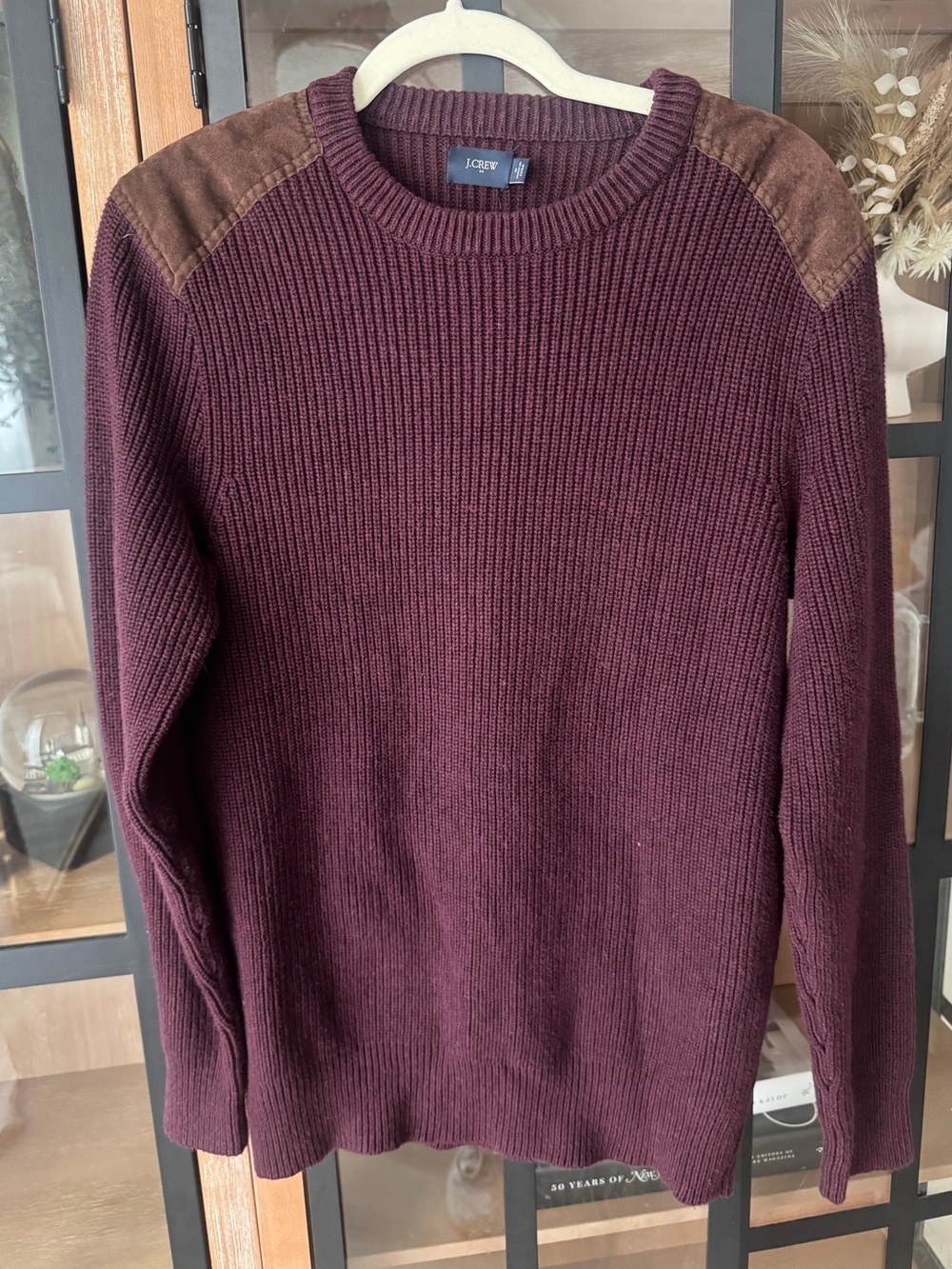 J. Crew maroon sweater suede shoulder patches burgundy cotton ribbed knit